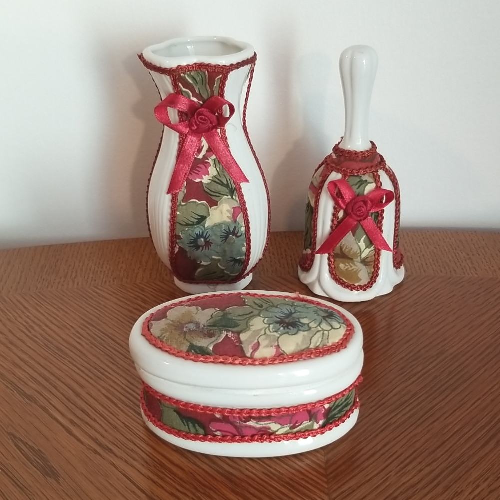3 piece vase, bell and trinket box set.